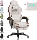 Gaming Chair Fabric Computer Office Chair with Massage Ergonomic Chair with Footrest Lumbar Support Pocket Spring Widened Cushion Metal Legs 350LBS Beige