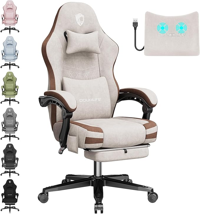 Gaming Chair Fabric Computer Office Chair with Massage Ergonomic Chair with Footrest Lumbar Support Pocket Spring Widened Cushion Metal Legs 350LBS Beige