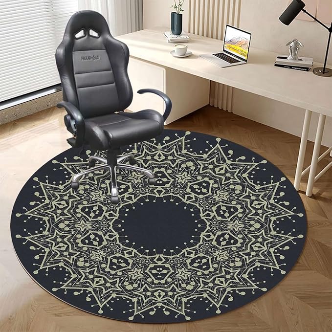 Blue Indigo PU Leather Gaming Chair Mat Chair Mat for Hardwood Floor Mandala Exotic Floral Ornament Round Round Floor Mats for Office Chair Computer Desk Anti Slip Modern Tribal Diameter 47.2 in