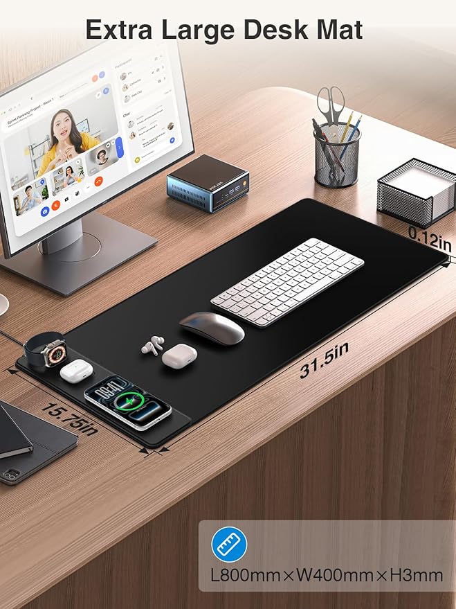 4-in-1 Mouse Pad with Magnetic Wireless Charging 31.5x15.8 Large Desk Mat for Laptop/Keyboard Waterproof Smooth Surface Non-Slip Base with Adapter
