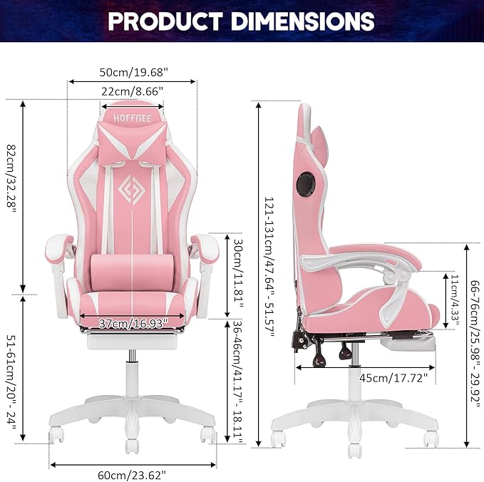 HOFFREE Gaming Chair Massage with Bluetooth Speakers Ergonomic Computer Gaming Chair with LED RGB Lights Footrest High Back Music Video Game Chair with Lumbar Support White and Pink