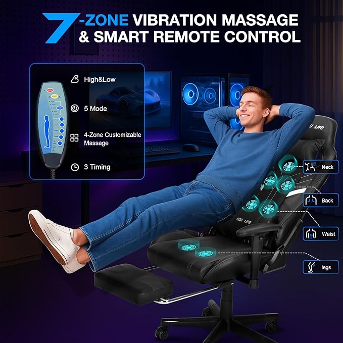 Douxlife 7-Point Massage Gaming Chair with Footrest 400lbs Heavy Duty Ergonomic Computer Chair 175° Reclining High Back Racing Seat for Adults with Adjustable Armrests &amp Lumbar Support Black
