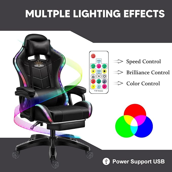 XOOFMASS Massage Gaming Chair with Speakers RGB Lights LED Music Video Game Chair Ergonomic PU Leather High Back Computer Chair Reclining Chair with Retractable FootrestWhite