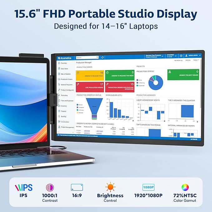 HONGO Portable Studio Display 15.6 FHD IPS 1080P Monitor — Laptop Screen Extender &amp Phone/Pad Mount for 14–16 Laptops Turn Phone into Webcam + Keyboard Control (Third‑Party App Required)