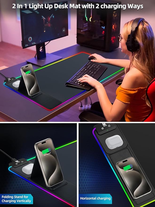 XXL Mouse Pad with Phone Holder - Black RGB Desk Mat with 15W Fast Charging LED Gaming Mousepad with 11 Light Colors Waterproof Non-Slip Pad for Office &amp Home