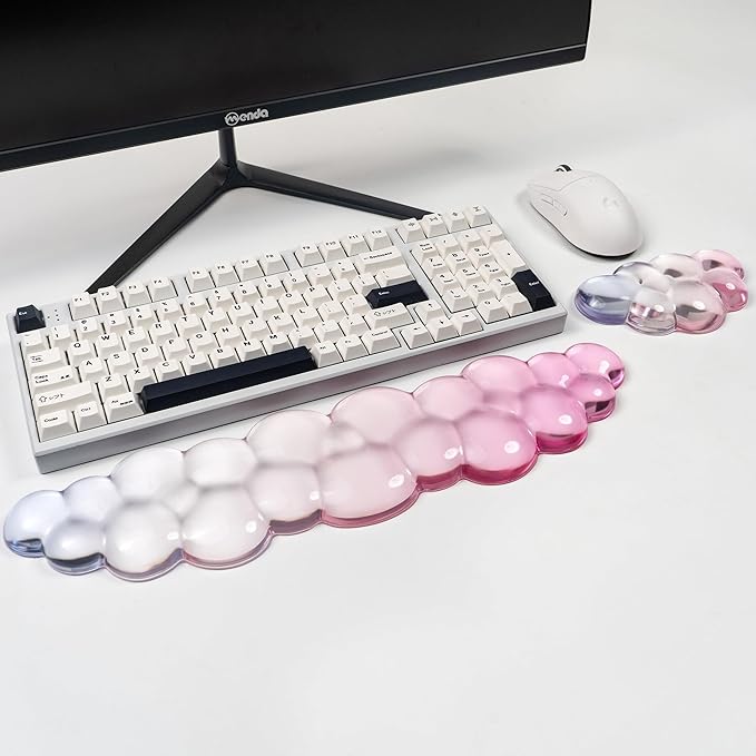 Ergonomic Cloud Silicone Gel Keyboard and Mouse Wrist Rest Set – Clear Wrist Rest for Computer Keyboard 60%/68%/75% Comfort &amp Support for Typing and Gaming (Light Pink Blue)