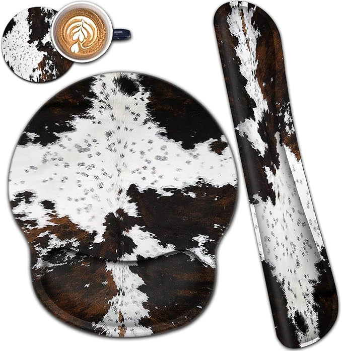 Ergonomic Mouse Pad Gel Wrist Support and Memory Foam Keyboard Wrist Rest Set for Gaming Computer Office Laptop Easy Typing Wireless Mouse Mat Black &amp White Cowhide Fur Pattern Office Desk Pad