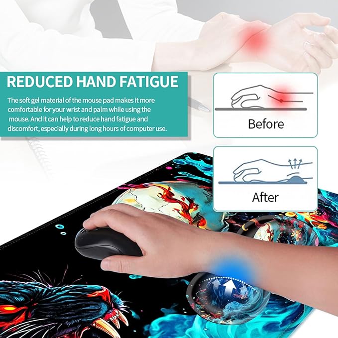 Keyboard Mouse Pad Set Extended Gaming Mouse Pad+Ergonomics Keyboard Wrist Rest Support Memory Foam Easy Typing Pain Relief 4Pcs XL Ultra Thick Desk MatNeon Leopard and Skull