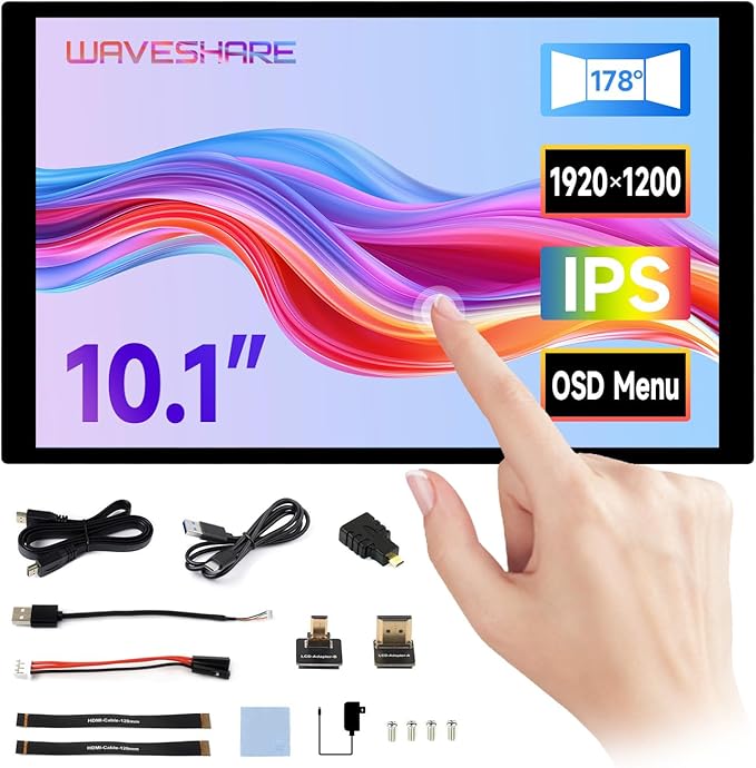waveshare 10.1inch High Resolution Capacitive Touch Display Compatible with Raspberry Pi 5/4B/3B/Zero/Zero W/Zero 2W/Pico/Pico Supports Windows and Jetson Nano IPS Display 10-Point Touch