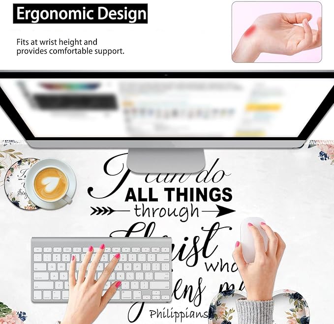 3-in-1 Large Mouse Pad Gaming Set (31.5 x 11.8 inch)+ Wrist Rest Pad + Coaster Memory Foam Gel Wrist Rest Pad for Pain Relief Stitched Edges Non-Slip Table Mat Bible Phil 4-13 Floral