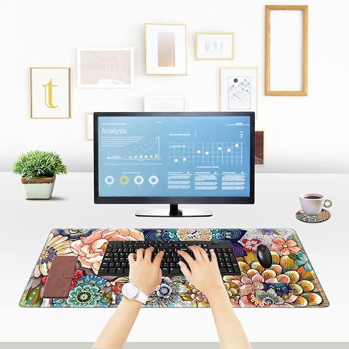 ToLuLu Extended Gaming Mouse Pad Memory Foam Ergonomic Keyboard Mouse Wrist Rest Support Set Large Desk Mat with Stitched Edges Non-Slip Base Mousepad for Home Office Game Colorful Flower