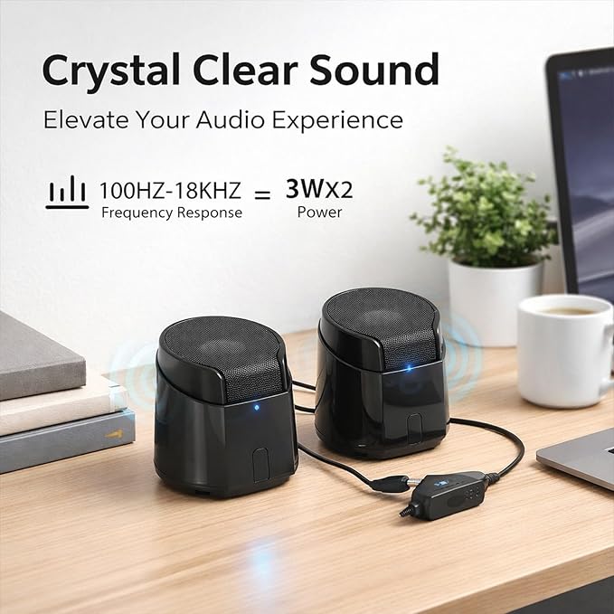 D2 USB Powered Stereo Speakers Wired Portable Multimedia Speakers for Computer and Phone 3W x2 Black - Clear Stereo Surround Sound Easy Volume Control Desktop Use for Home
