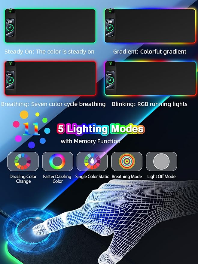 Magnetic Charging Mouse Pad 31.5x11.81 Inch XL Gaming Mousepad 11+5 RGB Lighting Modes Home Office Large Desk Pad with Ultra-Smooth Surface Non-Slip Waterproof Keyboard Pad Classic Black Desk Mat
