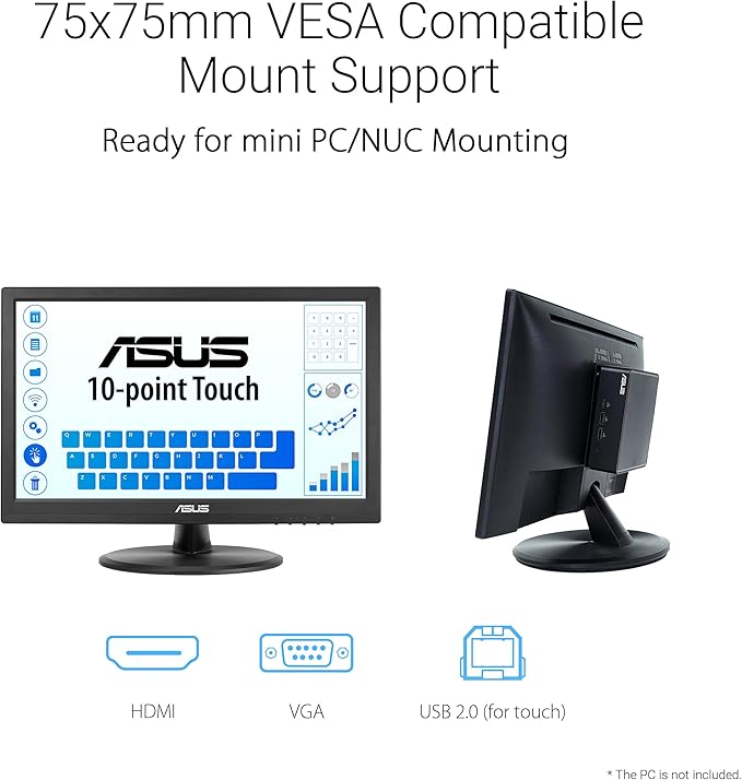 ASUS 15.6” 1080P Touch Monitor (VT169HE) - Full HD 10-Point Touchscreen IPS Wide Viewing Angle Frameless Eye Care Flicker Free Low Blue Light HDMI Windows 11 Compliance VESA Mountable