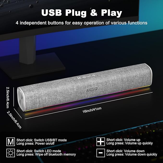 SOULION R100 Bluetooth Computer Speakers with Dynamic LED Light USB Plug &amp Play PC Speakers with Switch Button Clearly Sound Soundbar for Desktop Laptop Monitor White (USB-C to USB Adapter Inclu