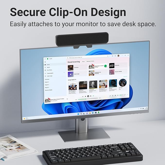 Inwa Computer Speakers for Desktop PC USB Monitor Speakers with Clip Wired Computer Sound Bar for Laptop with Loud Sound &amp Bass Easily Clamps to Monitors (USB-C to USBAdapter Included)