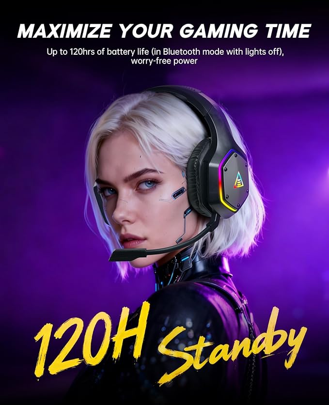EKSA 2.4GHz Wireless Gaming Headset for PS5PS4PCSwitchMobileMac Bluetooth Gaming Headphones with ENC Microphone RGB 20ms Latency 120H Battery 7.1 Surround Sound Headset 3.5mm Audio Cable