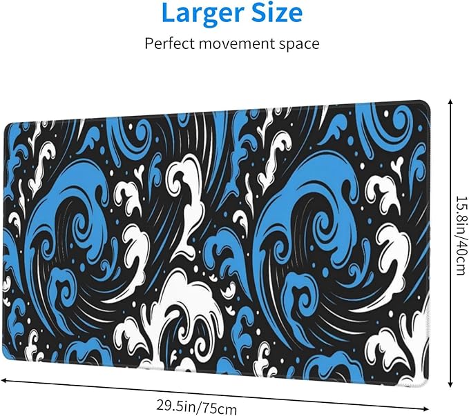 Abstract Wave Blue White Desk Cover MatExtended Large Mouse PadComputer Laptop Mat Desk Decor for Office Game Home 30x16 Inch