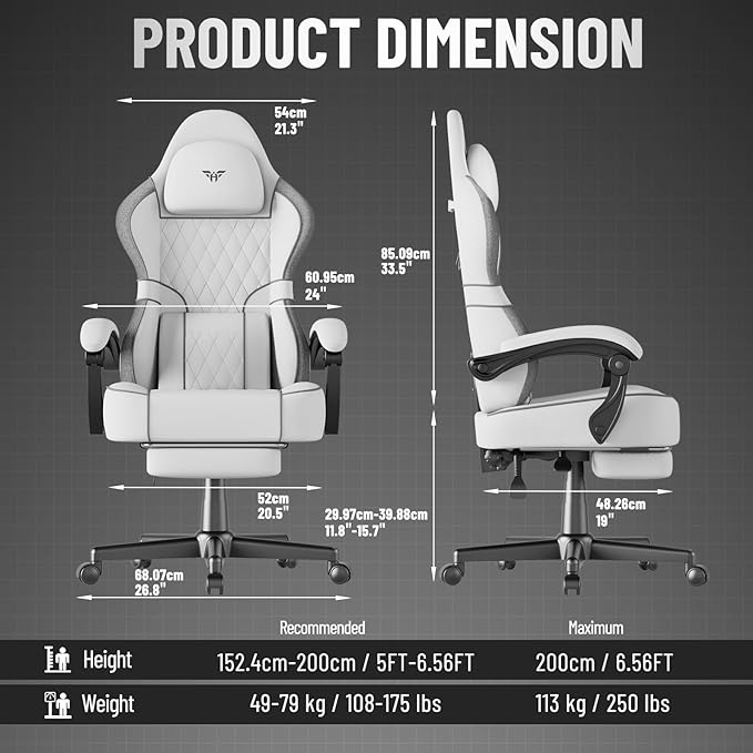 Ferghana Breathable Fabric Ergonomic Gaming Chair with Footrest and Linkage Armrest High Back Computer Game Chair with Massage Lumbar Support for Adult(White)