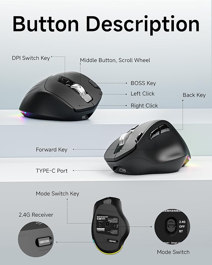 C2 Ergonomic Wireless Mouse RGB Rechargeable Ergonomic Bluetooth Mouses 2.4G with 4000 DPI Optical Tracking 5 Adjustable DPI Quiet Clicks Computer Mouse for Laptop PC Desktop - Black