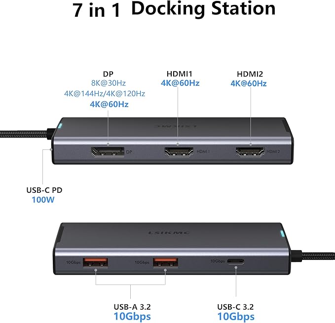 USB-C Laptop Docking Station for Triple Monitor | 7-in-1 Dock with DP 4K@160Hz/8K@30Hz + Dual HDMI 4K@60Hz 10Gbps USB A/C 100W PD | Laptop Dock for Windows/Mac