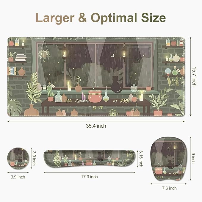 Aesthetics Large Mouse Pad with Wrist Support 4 in1 Set XXL Big Game Mousepad + Keyboard Wrist Rest + Mouse Wrist Rest Pad +Coaster Gaming Mat for Home Office Computer I Green Plants and Black Cat