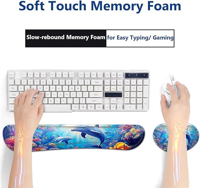 Large Mouse Pad + Keyboard Wrist Rest Set Extended Gaming Mousepad (31.5X11.8 inch) with Non-Slip Rubber Ergonomics Memory Foam Mouse Wrist Rest Support Underwater World Dolphin XXL Desk Pad