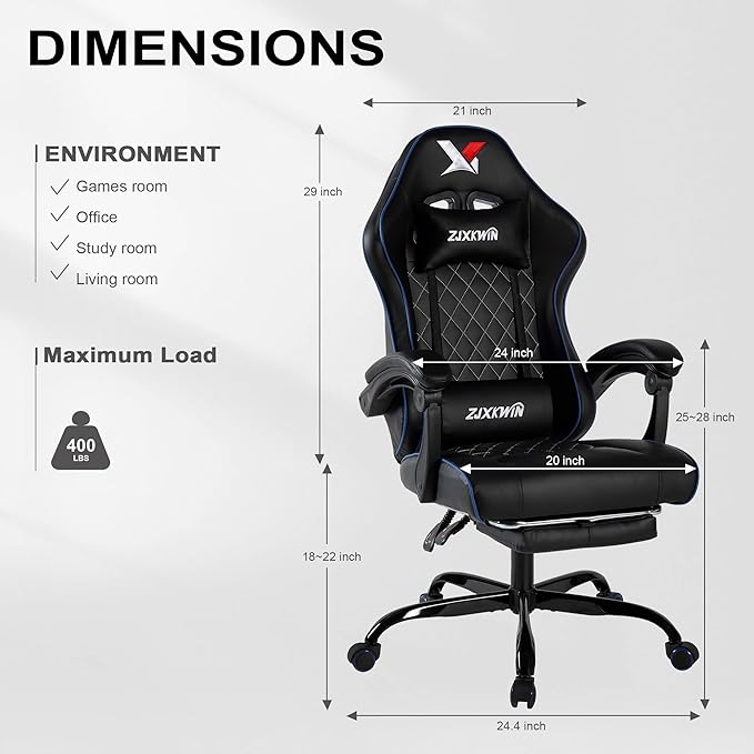 Vedio Gaming Chair with Footrest Lumbar Support for Home Office High Back Recliner Height Adjustable Ergonomic Comfy Leather Computer Desk ChairBlue