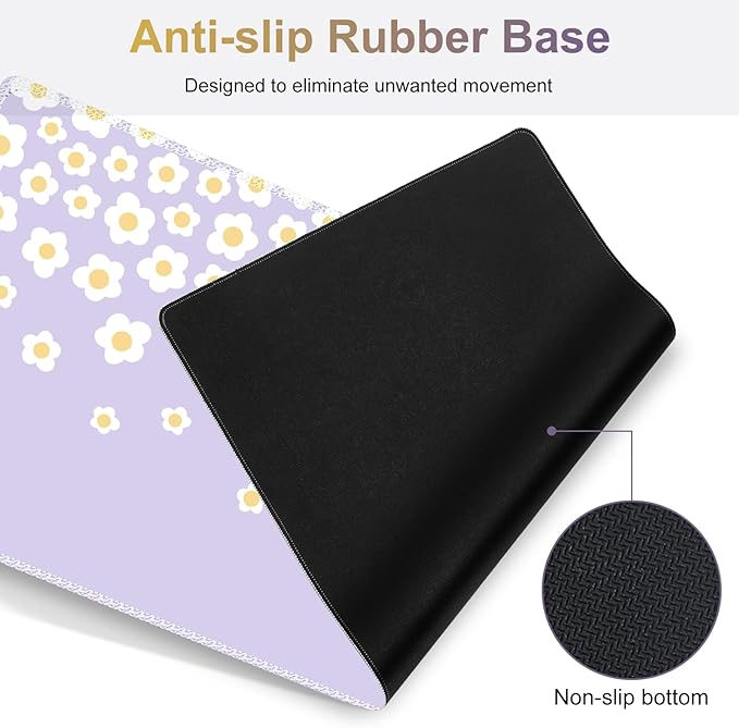 Desk Mat Gaming Mouse Pad Cute Desk Matt Keyboard Wrist Rest for Desktop Anti-Slip Mousepad w/Stitched Edges XXL Large Mouse Pad with Wrist Support for Desk Computer I Lavender Happy Flowers