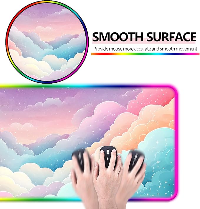 RGB Dreamy Colorful Cloud and Star Gaming Desk Mat Computer Keyboard Large Extended Long Girly LED Mouse Pad for Office and Home XL (W08)