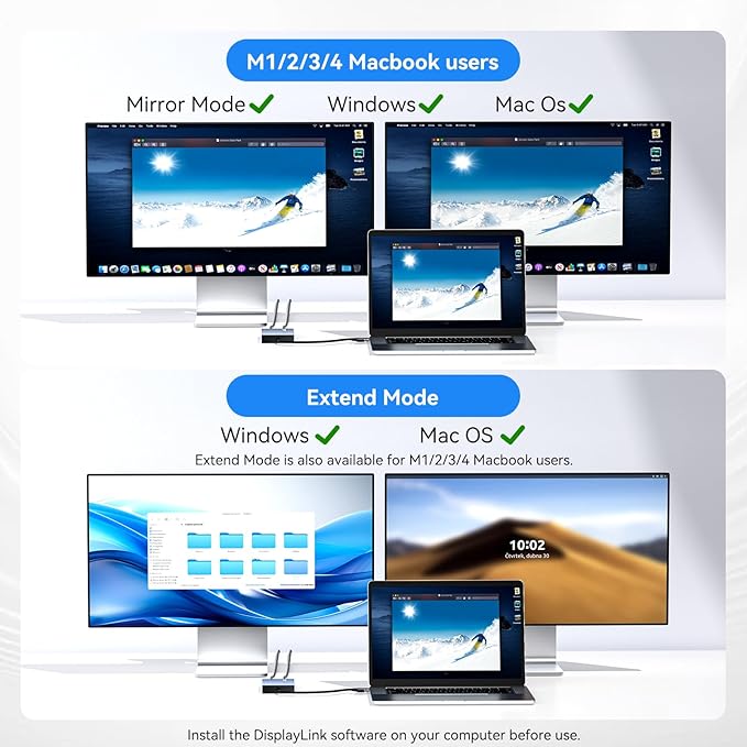ACASIS USB C to Dual HDMI DisplayLink Adapter 4K@60Hz 2 HDMI &amp 3 USB-A Ports 100W PD Charging USB C DisplayLink Docking Station for Mac M1/M2/M3/WindowsUSB A/C to Dual Monitor Adapter