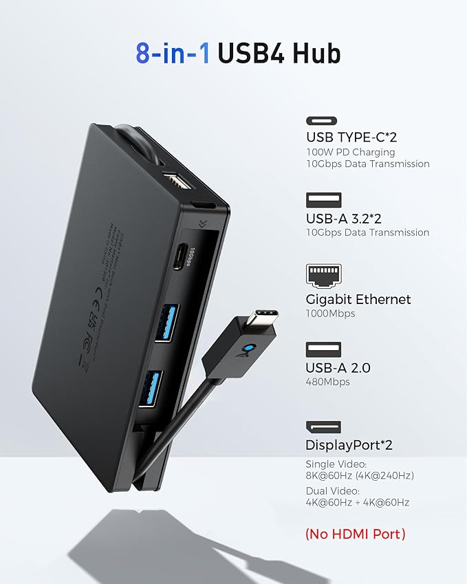 Cable Matters 8-in-1 Portable 40Gbps USB4 Hub (USB 4 Dock) Dual DisplayPort 4K@60Hz Single DP 4K@240Hz/8K@60Hz 100W PD Gigabit Ethernet Limited macOS Display Support Thunderbolt 4 Compatible