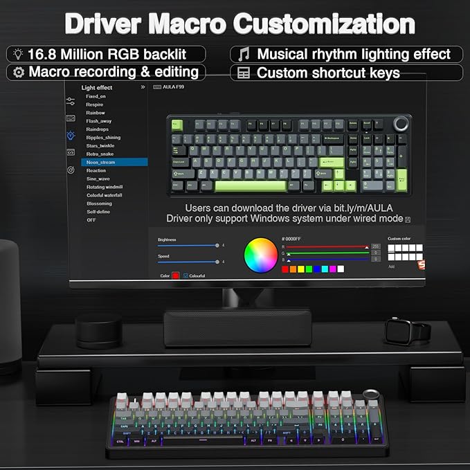 Aula F99 Pro Wireless Mechanical Keyboard with KnobTri-Mode BT5.0/USB-C/2.4GHz Hot Swappable KeyboardRGB Backlit PBT Keycaps Computer Gaming Keyboards (Renewed)