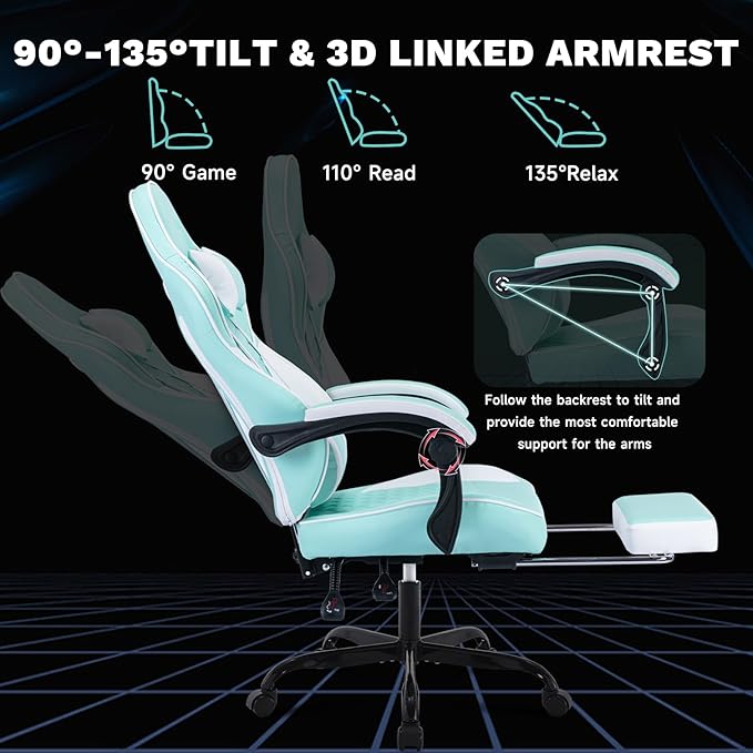 Ergonomic Gaming Chair Racing Style - High Back Gamer Chair with Footrest Adjustable Lumbar Massage Linkage Armrests &amp 90-135° Recline - Leather Computer Game Chair for Adults Green