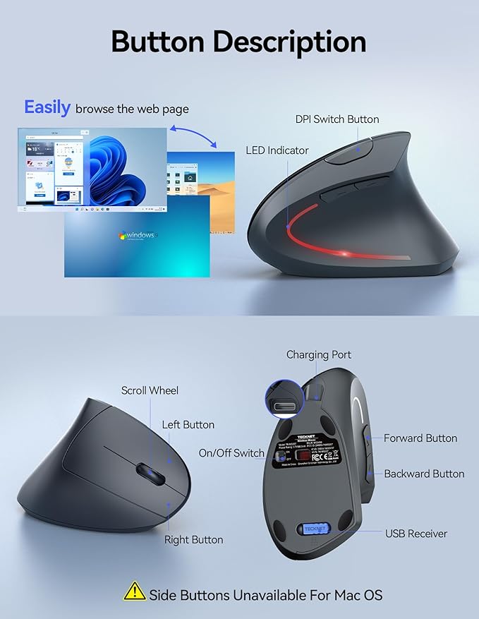 TECKNET Ergonomic Mouse Rechargeable Vertical Ergo Mouse Wireless 800-4800 Levels 5 Adjustable DPI Silent 2.4GHz Optical Carpal Tunnel Mouse for Right Hand USB Wireless Mice for Laptop PC