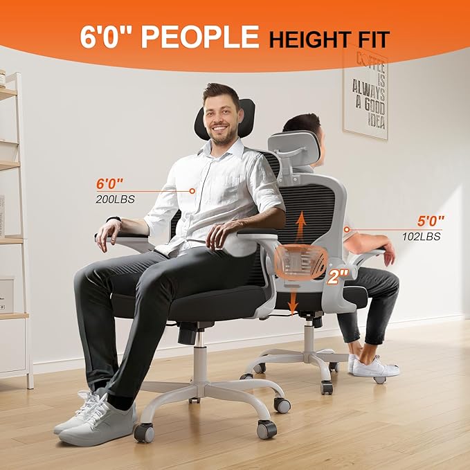 Synorla Office Chair Ergonomic Desk Chair 330LBS Capacity High Back Computer Design for Long Hours Comfort Rolling Swivel for Home Office Flip-up Armrests（Grey Black）