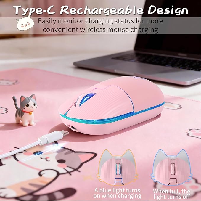 RGB Wireless Mouse Type-C Rechargeable Silent Buttons LED Breathing Light Cat Pattern for Laptop and Desktop