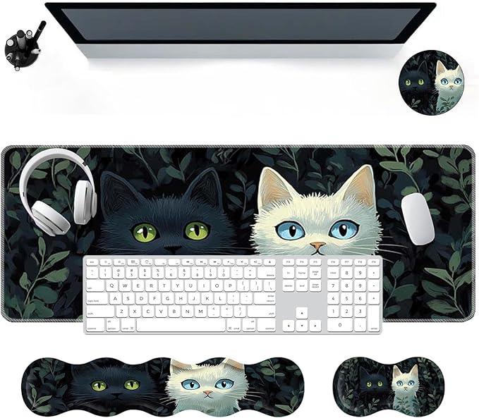 Large Mouse Pad Wrist Support SetDesk Pad+Keyboard Wrist Rest+Mouse Pad Wrist Support+Coaster4in1 XXL Big MousepadErgonomic Design Gaming Mat for Home Office TableCat in The Grass