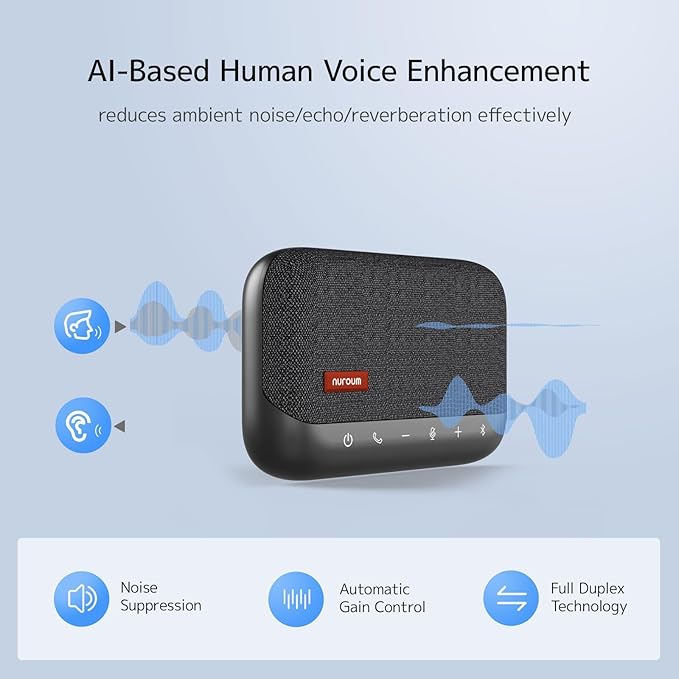 NUROUM A15 Conference Speaker and Microphone Portable Bluetooth Wireless Speakerphone 360° Noise Cancelling Voice Pickup Daisy Chian for Calls/Computer/PC/Laptop via Bluetooth/Dongle/USB-A/C Grey
