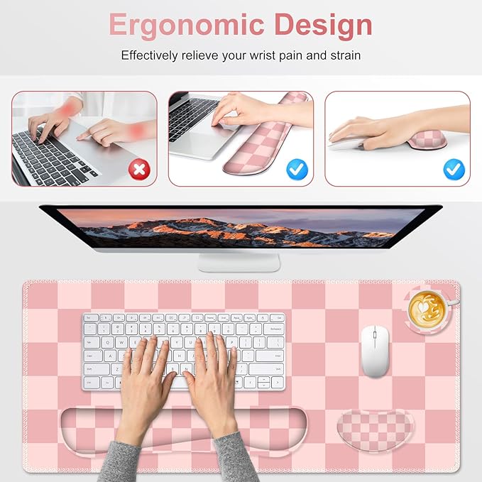 Soft Pink Checkerboard Mouse Pad Set 4 in1 Ergonomics Keyboard Desk Mat with Memory Foam Wrist Rest Extended Game Mousepad Non-Slip Large Gaming Desk Pad Matt Easy Typing Pain Relief