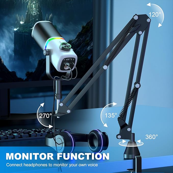Aokeo AK-10 USB Gaming Microphone with mic arm Condenser Microphone for PC/MAC/PS4/PS5/Phone-Cardioid Mic with RGB Lighting（White）