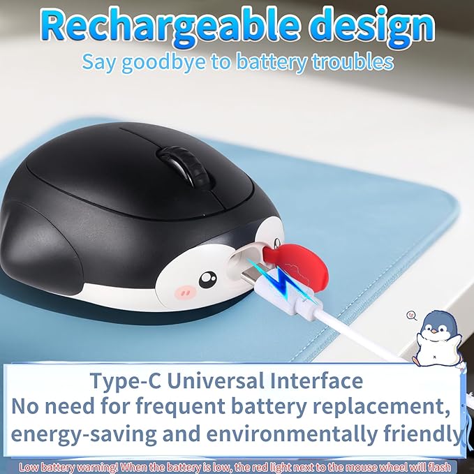 Cute Penguin Bluetooth Wireless Mouse -RechargeableDual Mode Connection Silent Scroll Wheel 1600 DPI - Perfect for Laptops PCs and Tablets (Black)
