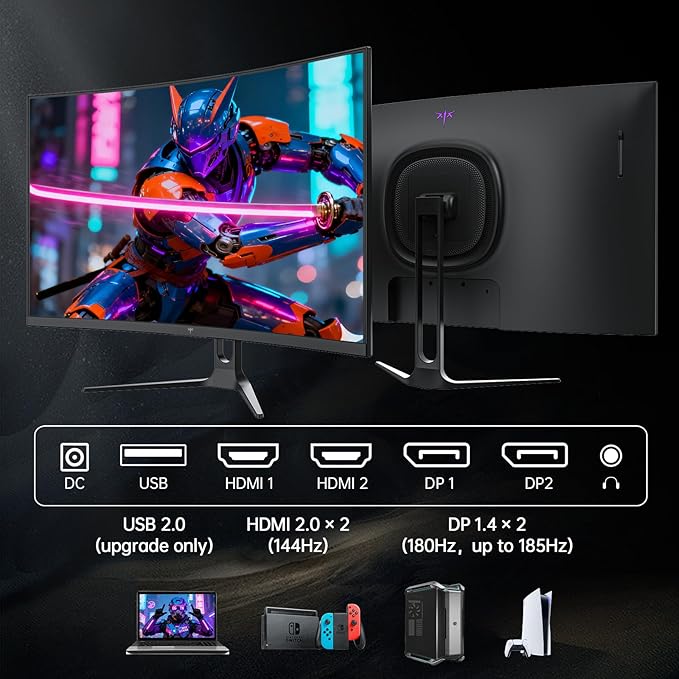 KTC 32 Inch Curved Gaming Monitor 2K 180Hz Computer Monitor Up to 185Hz QHD 1500R PC Monitor 1ms with Adaptive Sync DisplayPort/HDMI/USB VESA Wall Mount Tilt Adjustable H32S5