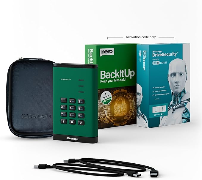 iStorage diskAshur3 HDD 4TB Green - Secure Portable Hard Drive - Password Protected - Dust &amp Water Resistant - Hardware Encryption