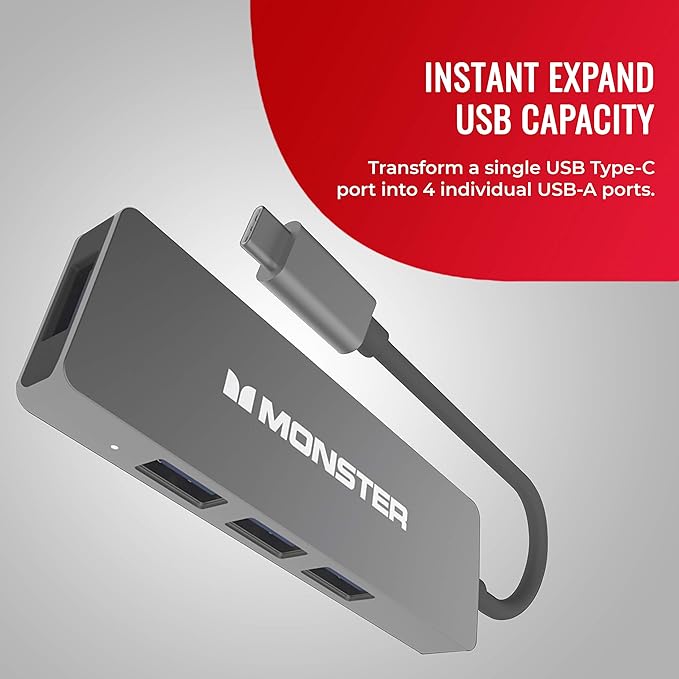 Monster USB-C 4-Port Hub - USB Type-C to 4 USB 3.0 Connectors