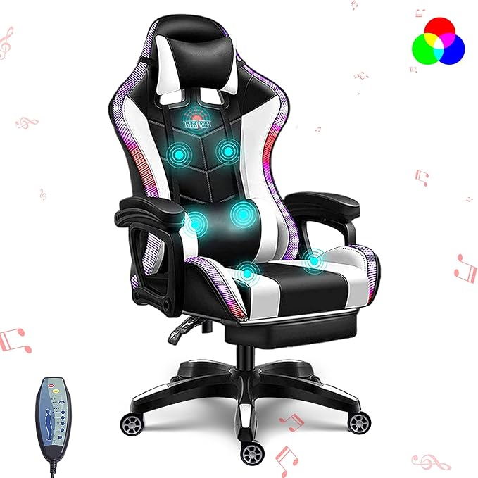 RGB Gaming Chair with Massage and Footrest Ergonomic Big and Tall Office Chair Computer Chair Video Game Chair with Speakers High Back Recliner Swivel Chair with Lumbar PillowWhite