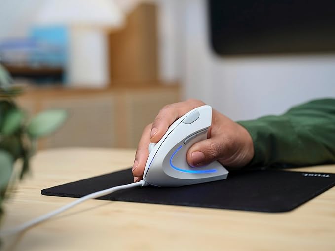 Trust Verto Wired Ergonomic Mouse Vertical Mouse with LED Illumination Reduces Arm Strain 1000-1600 DPI 6 Buttons for Right Hand Users 1.5m USB Cable Computer Mouse for PC Laptop. Mac - White