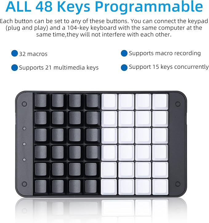 Koolertron One Handed Mechanical Gaming Keyboard 48 Keys Fully Programmable Mini USB Macro Keyboard with Red Switch for Gamers/Designers/Video Editor
