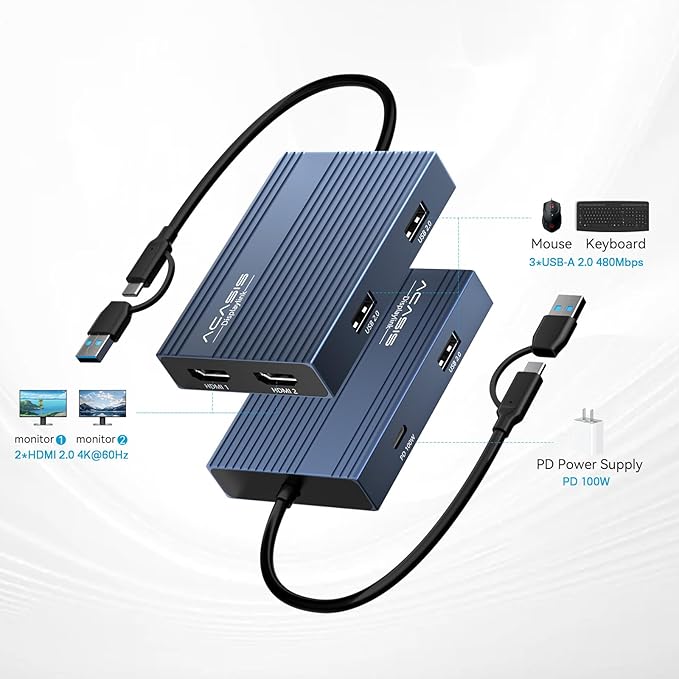 ACASIS USB C to Dual HDMI DisplayLink Adapter 4K@60Hz 2 HDMI &amp 3 USB-A Ports 100W PD Charging USB C DisplayLink Docking Station for Mac M1/M2/M3/WindowsUSB A/C to Dual Monitor Adapter
