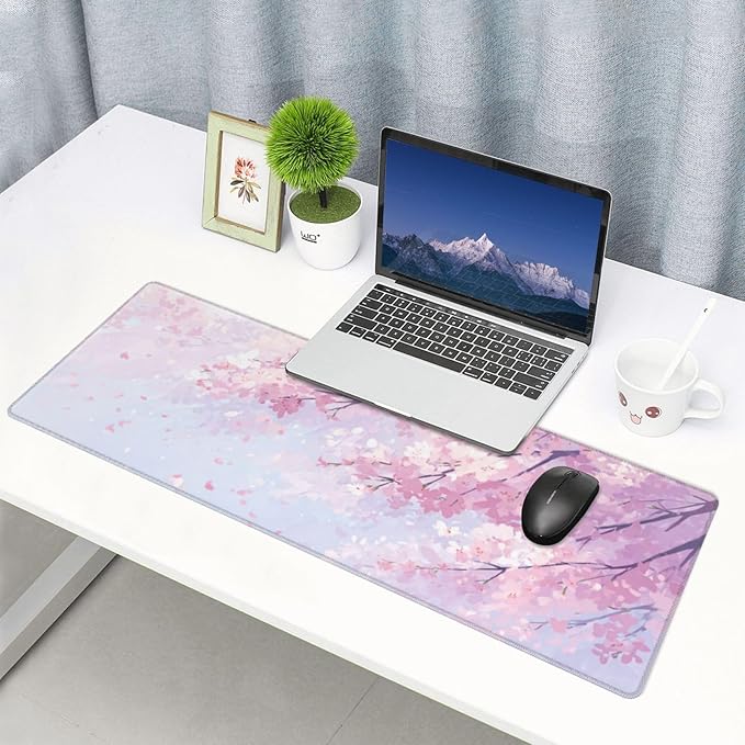 Gaming Mouse Pad Floral Cherry Blossom Flower Non-Slip Rubber Base Extended Mousepad with Stitched Edges Keyboard Computer Laptop Mat for Gamer Desktop Office Home 31.5 x 11.8 in